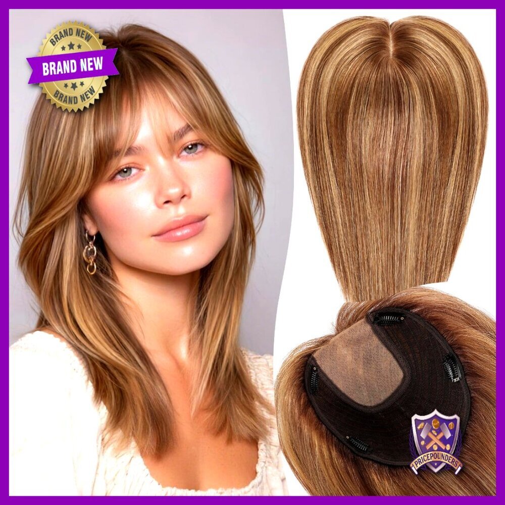 Human Hair Topper with Bangs 150% Density Large Base Non-slip Clips